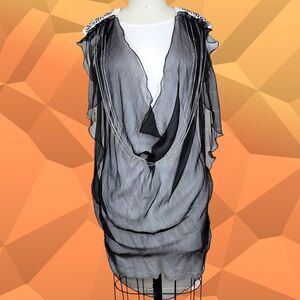 Alberto Makali white dress sheer black overlay with silver chains